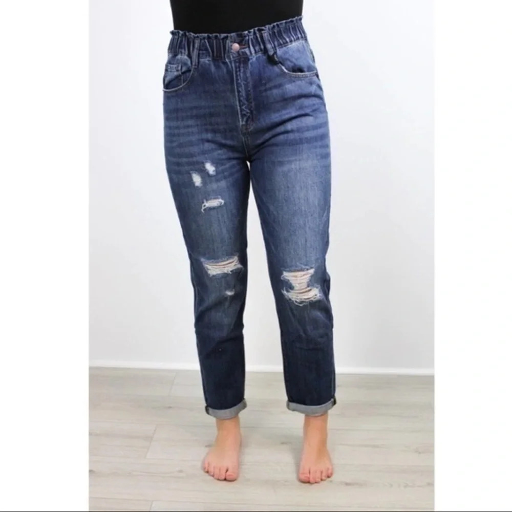 High Waist Pull On Mom Fit Elastic Waist Jeans
